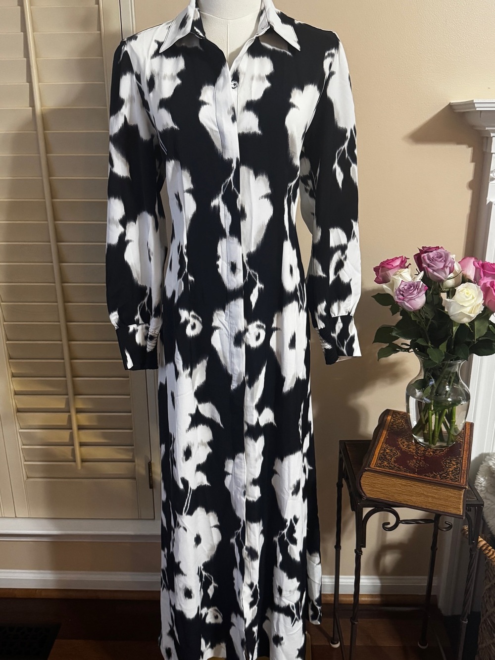 Chico's Black and White Floral-Print Button Front Maxi Dress